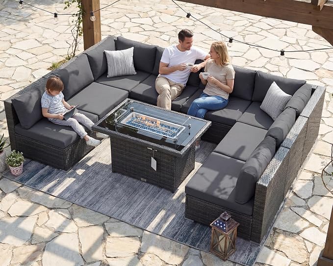 RADIATA 9 Piece Wicker Patio Furniture Set with Fire Pit, All-Weather Outdoor Sectional Couch High Back Large Size, Modular Backyard Seating Sofa Set with Propane/Natural Gas Firepit Table, Dark Grey