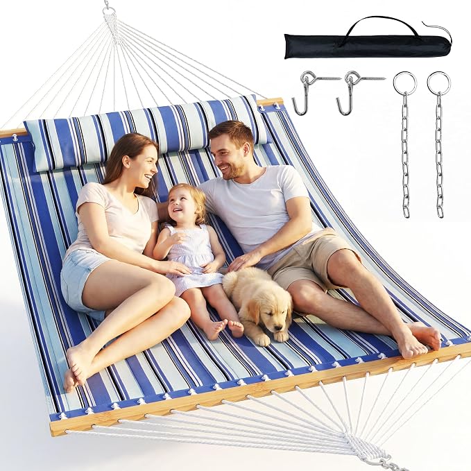 Everyfun Double Hammock with Spreader Bar - 2 Person Patio Hammock, 500 lbs Capacity, Soft Pillow & Carry Bag, Flat Wide Bed, Portable Quilted Hammock for Outdoor Camping Backyard Garden,Blue