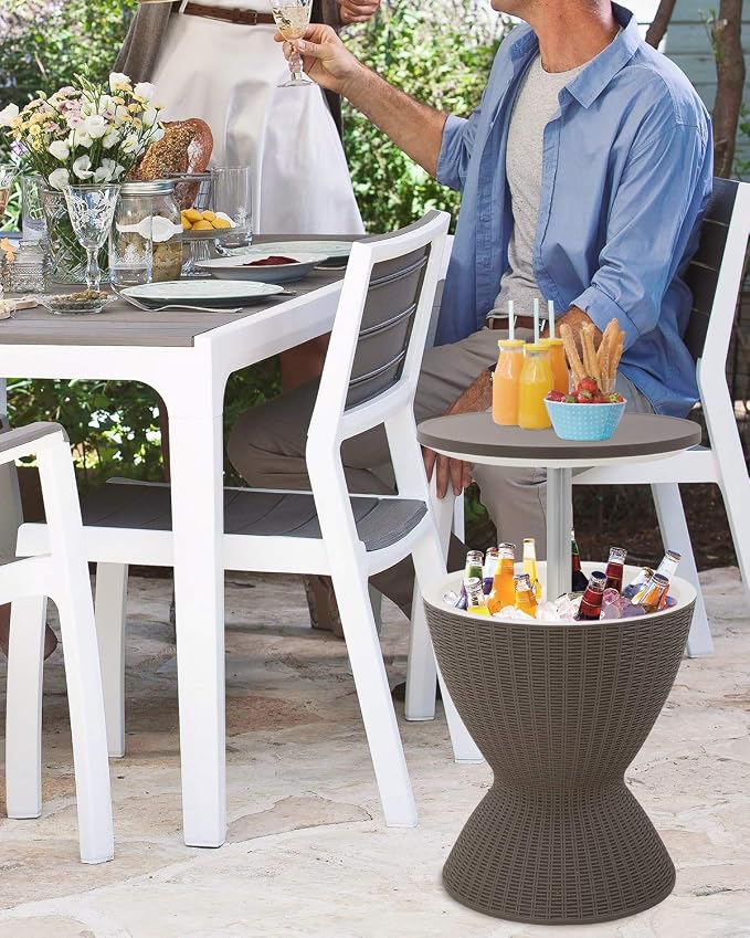 FDW Cool Bar Cooler Table Outdoor Patio Furniture and Hot Tub Side Table 3in1 All-Weather Cool Wicker Bar Table + Ice Bucket + Cocktail Coffee Table with 8 Gallon Beer and Wine Cooler, Grey