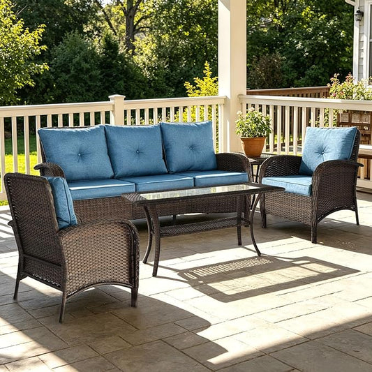 Outdoor Swivel Rocker Patio Chairs (Brown Wicker/Blue Cushion, 4PC/Sofa & Chair &Coffee Table)