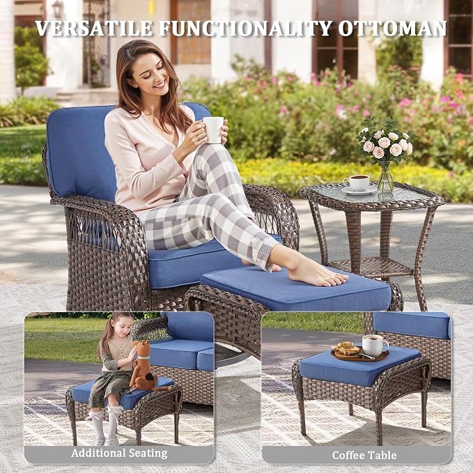 Patio Furniture Set with Fire Pit Table - 6 Pieces All-Weather Wicker Outdoor Furniture with High Back Swivel Chairs Set of 2 Outdoor Couch for Deck Balcony Backyard Blue