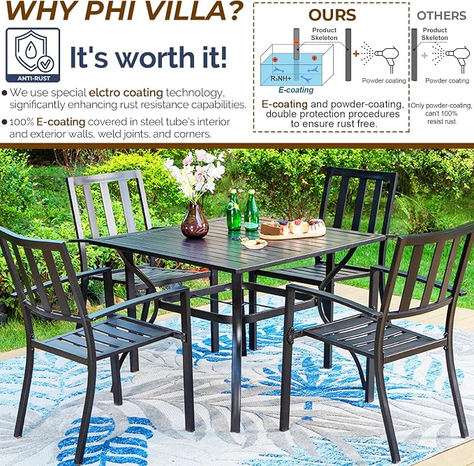 PHI VILLA 5 Pcs Outdoor Dining Set with 10ft Umbrella | 37" Square Metal Dining Table & 4 Stacking Metal Chair with 3 Tier Red Umbrella for Patio, Deck, Yard, Porch
