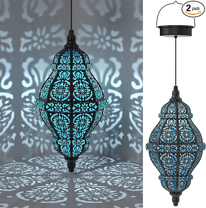 Twinkya 2 Pack Hanging Solar Lights Outdoor Garden Decor, Waterproof Plastic Moroccan Solar Powered Lantern Lamp, Outside Decorations for Patio Yard Porch Backyard Decor, Gardening Gifts for Women Mom