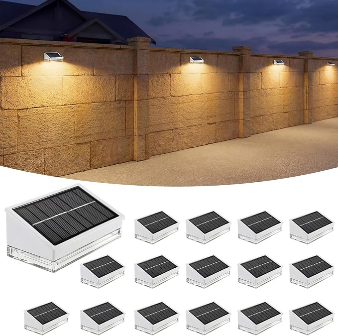 Solar Fence Lights 16 Pack, Outdoor Solar Lights with 3 Color Temperatures, IP65 Waterproof Wide-Angle LED Lighting for Fence, Patio, Yard, Deck, Wall, Garden (White)