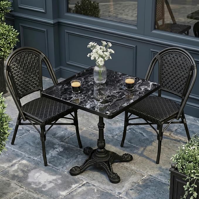 31.5" Outdoor Tulip Dining Table with Sintered Stone Tabletop and Cast Iron Base, Antique Patio Bistro Table for 2-4 Person for Indoor Outside Cafe Restaurant Backyard Garden (Black Marquina)