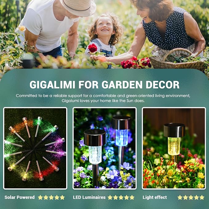 GIGALUMI Outdoor Waterproof Multicolor Solar Garden Lights, 12 Pack | Stainless Steel LED, Color-Changing Glow, Ideal for Patio Lawn Yard Landscape, Garden & Patio Decor