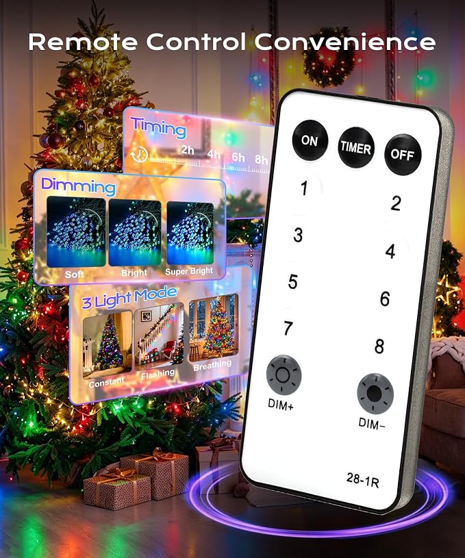 33ft 100 LED Christmas Fairy Lights, 8 Modes Remote Timer,Multicolor | Vivid red, green, blue & yellow glow for indoor or outdoor use; perfect for bedroom, Halloween tree & party decor.