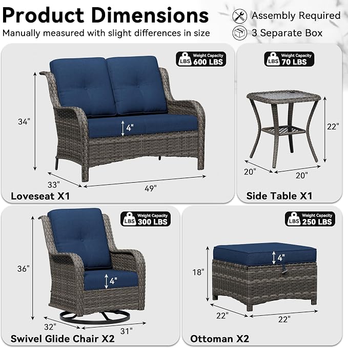 6 Piece Outdoor Wicker Patio Furniture Set, Outdoor Swivel Rocker Patio Chairs Set with Thickened Olefin Cushions, High Back and Deep Seating, Hand-Woven PE Rattan for Porch, Deck
