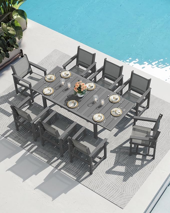 SERWALL Outdoor Dining Chairs Set of 2, Grey | All-Weather HDPE and Patio Textilene Chairs Suitable for Outdoor Dining Table