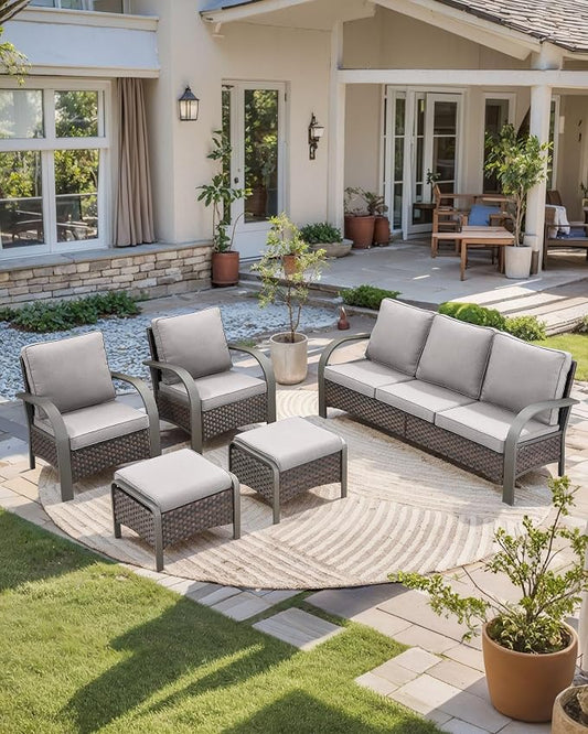 HUMMUH Outdoor Patio Conversation Furniture Sets-Deep Seating Wicker Patio Chairs with Patio Sofa Set Outdoor Patio Furniture for Deck Porch Garden Poolside Backyard-Brown/Grey