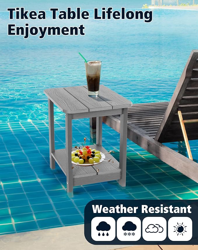 Tikea Adirondack Outdoor Side Table, 2-Tier 16.7" Outdoor End Table for Patio Pool Porch, All Weather Resistant Patio Furniture Gray