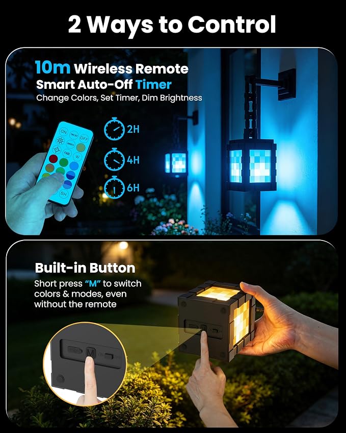 Pixel Solar Lanterns Outdoor, USB-C & Solar Hanging Light for Patio Decor | 17-Color RGB Table Lamp with Remote & Timer, IP66 Waterproof, Decor for Yard Garden Porch & Winter Camping, Gift for Gamers