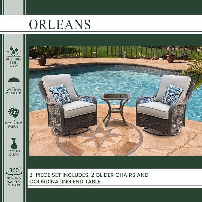 Hanover Orleans 3-Piece Patio Conversation Set with 2 Gray Weather Resistant Wicker Swivel Rockers, Navy Blue Water Resistant Cushions, and Glass Top Square Table, Outdoor Bistro Set 3-Piece