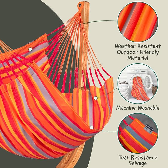 LA SIESTA Udine Outdoor Hammock Chair Set with freestanding Wooden Stand, Double-Size Weather-Resistant Hammock Chair with FSC-Certified Eucalyptus Wood Stand - Toucan
