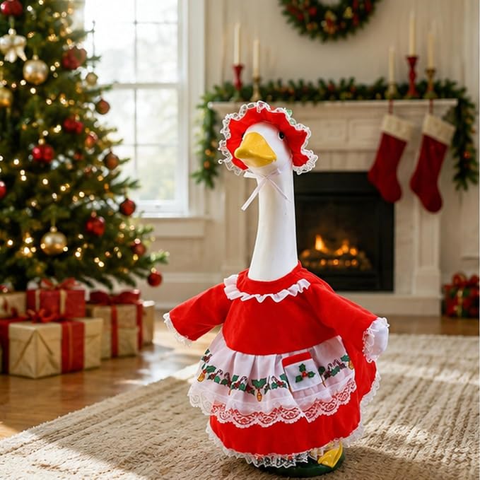 2 Pcs/Set Christmas Mrs. Claus Porch Goose Outfits, Lawn Goose Statue Mrs. Claus Costume, Red Green White Christmas Garden Goose Clothes Dress and Hat for 23" High Statue Xmas Holiday Patio Yard Decor