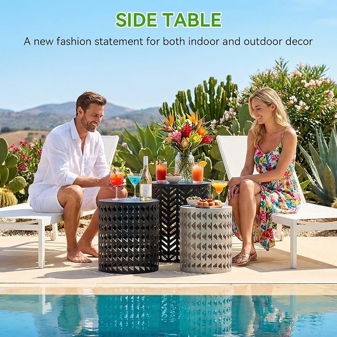 EVLIQUIL Outdoor Side Table Set of 3 | Decorative Metal End Table Stools, Stackable Patio Coffee Tables for Balcony, Garden, Indoor Living Room