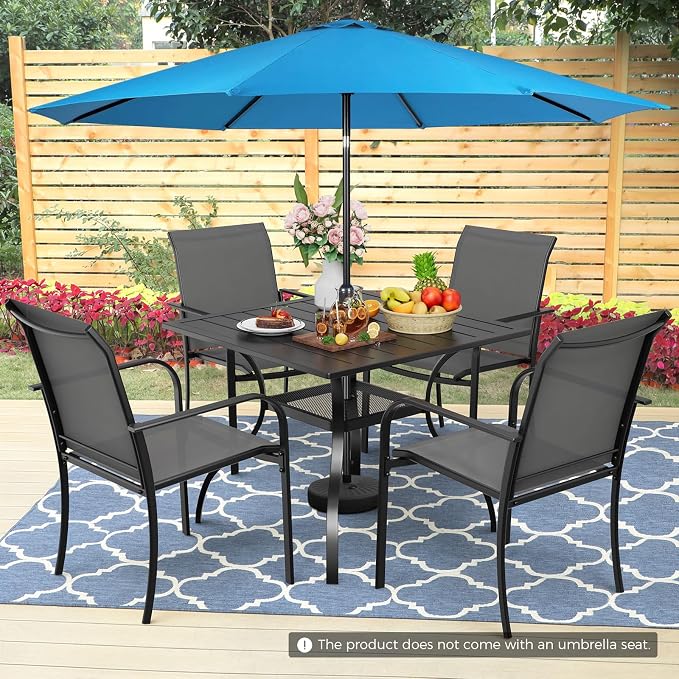 Incbruce 6 Pieces Patio Dining Set with Sky Blue Umbrella, Outdoor Dining Set of 4 Textilene Chairs and Square Table with Umbrella Hole for Backyard, Garden, and Poolside (Grey)