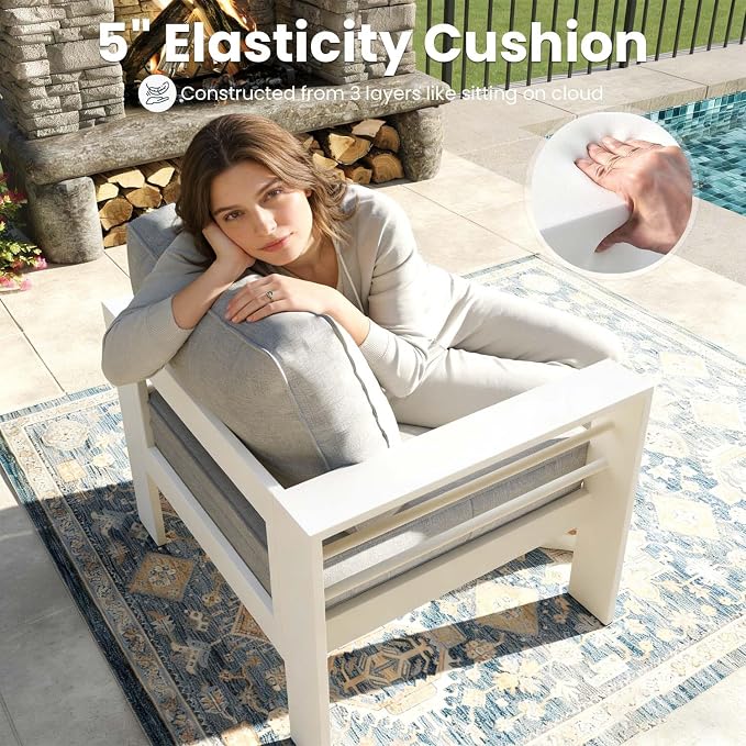 5 Pieces Modern Aluminum Patio Furniture Set, Outdoor Conversation Sets Metal Sectional Sofa with Coffee Table
