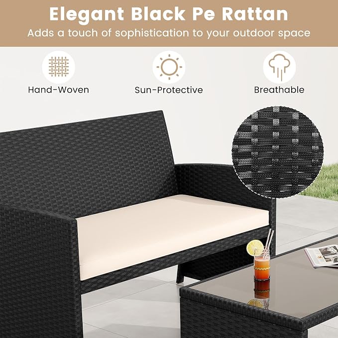 Tangkula 8 Pieces Patio Wicker Furniture Set, Outdoor Heavy Duty Rattan Cushioned Chairs, Loveseat and Tempered Glass Coffee Table, for Backyard, Balcony, Poolside (2, Off White)