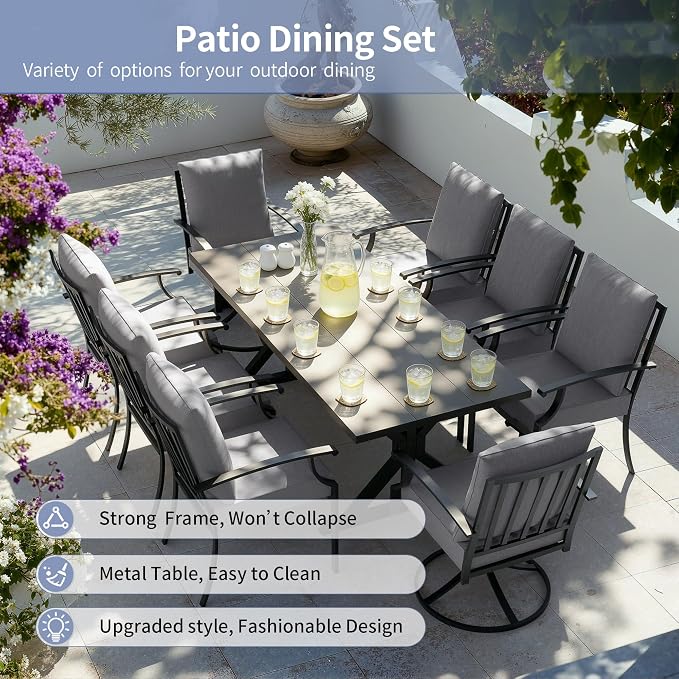 Kullavik 9 Pieces Outdoor Dining Set,Patio Dining Table and Chairs Set for 8,Fence Pattern Back Chairs with Thickened Cushions & X-Frame Metal Dining Table with Umbrella Hole for Patio,Grey
