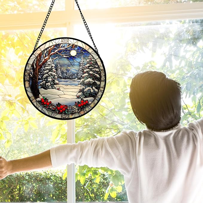 DASTOLL Stained Glass Window Hanging Christmas Tree Winter Snow Night Scenery 6.3" - Suncatcher Door Garden Kitchen Sun Catcher Home Decor Birthday for Mom Men Woman Friend