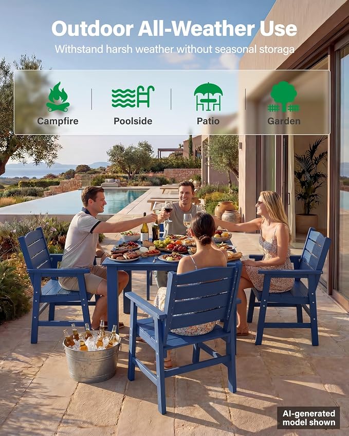 YEFU Patio Outdoor Chairs 2-Pack: Modern Outdoor Dining Chairs - All-Weather Plastic Patio Dining Chairs Waterproof Easy-Clean, Stylish Family-Friendly Design for Backyard Poolside Garden Deck(Navy)