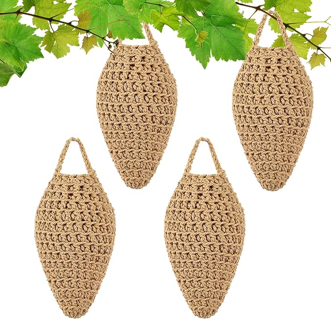 GJL 4 Pack Large Crochet Fake Wasp Nest Decoy, Artificial Faux Hornet Nest Outdoor Hanging Decor for Patio & Eaves, Prevent Wasps from Building Nests