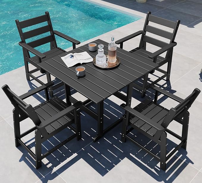 GREENVINES 5-Piece-Outdoor-Dining-Set | HDPE | Square | Patio Furniture | All Weather | Removable Armrests | Slatted Table and Chairs Sets for 4 | for Backyard Poolside Garden | Black
