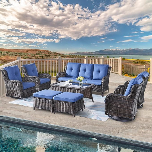 Belord Wicker Patio Furniture Sets - 8 Piece Rattan Outdoor Furniture Conversation Sets with 4 Swivel Rocker Chairs, Rattan Sofa, Wicker Ottomans and Coffee Table, Brown/Blue