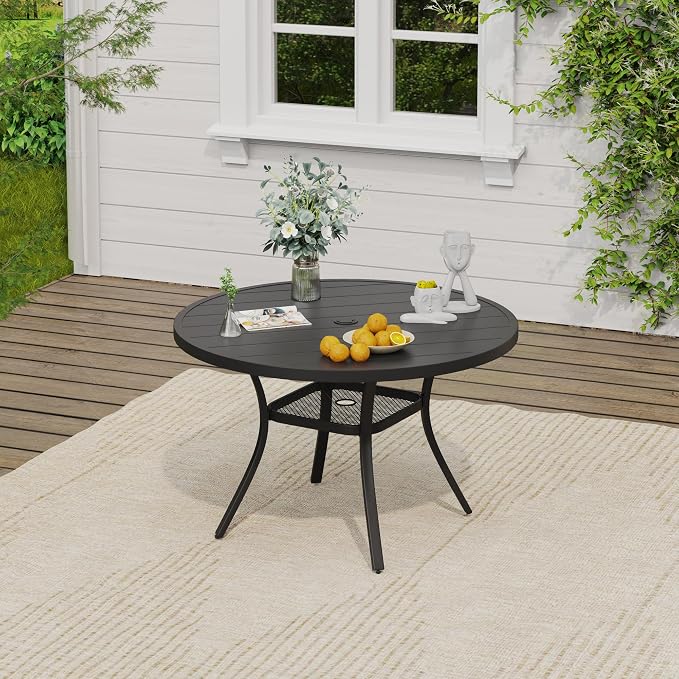 VICLLAX Round Outdoor Dining Set, Patio Table and Chairs Set Set of 4 Patio Stackable Chairs and 40.6" Outdoor Round Table with Umbrella Hole for Backyard Lawn Garden, Dark Grey Chairs and Black Table