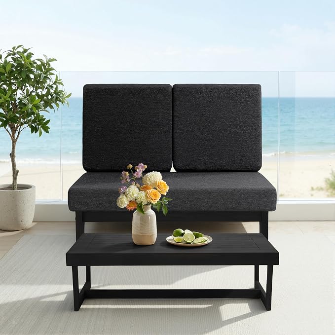 All Weather Patio Furniture Sets, 3 Pieces Black Wood Patio Loveseat Sofa Outdoor Sectional Futniture Backyard Conversation Set with Solid Wooden Coffee Table - Dark Gray