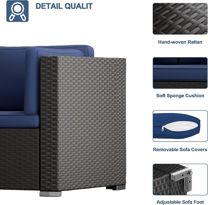 Oakcloud 5-Piece Outdoor Patio Furniture Sofa Set Black Rattan Wicker Sectional Conversation Sets with Glass Top Table and Cushions(Dark Blue)