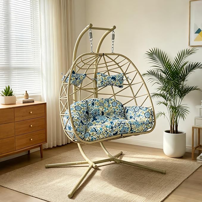 2 Person Double Hanging Egg Chair, Oversized Wicker Rattan Loveseat Swing Chair, Heavy Duty 600lbs Capacity, Foldable Basket Hammock Chair with Thick Cushion for Indoor Outdoor Patio Bedroom