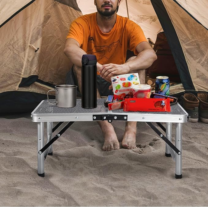 RedSwing Folding Grill Table, Lightweight Height Adjustable Aluminum Table with Mesh Desktop and Mesh Bag for Outdoor Camping Picnic BBQ, 2 Feet, Sliver