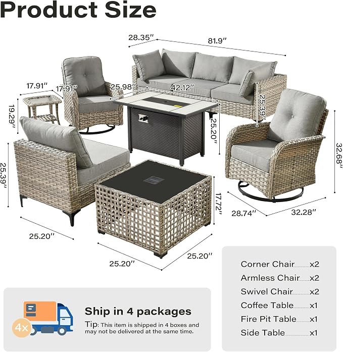 9 Pieces Outdoor Sectional Patio Furniture Set with 42" Fire Pit,Conversation Sets Rattan Wicker L Shaped Couch Swivel Rocking Chairs,Modular Outdoor Sofa for Porch Balcony Backyard Dark Grey