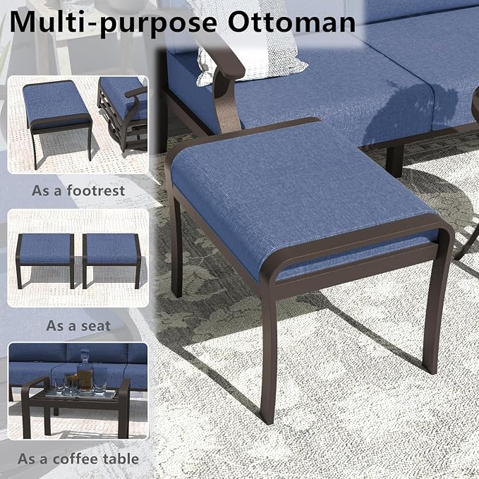 Kullavik Aluminum Patio Furniture Set,7 Piece Modern Metal Outdoor Patio Furniture w/5.1'' Thick Cushion,Swivel Chairs,Ottomans and Propane Fire Pit Table,Patio Conversation Sets for Porch,NavyBlue