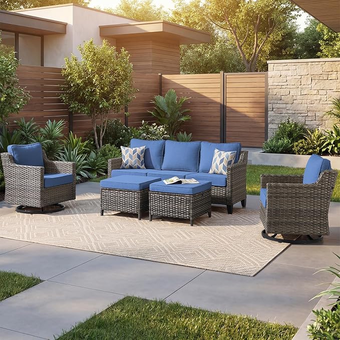 Outdoor Furniture Set of 5, Patio Chairs with Luxury 4" Cushion, Wicker Swivel Rocker Patio Chairs, and Side Table, High Back&Deep Seat for Garden Deck Porch Balcony Backyard - Blue
