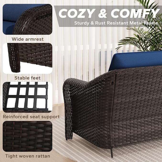 Outdoor Sectional Sofa Set | 55" 2-seat Outdoor Couch with 2 Ottomans, Outside Wicker Furniture with Removable Cushions for Bistro, Deck, Porch, Sunroom (Navy Blue)