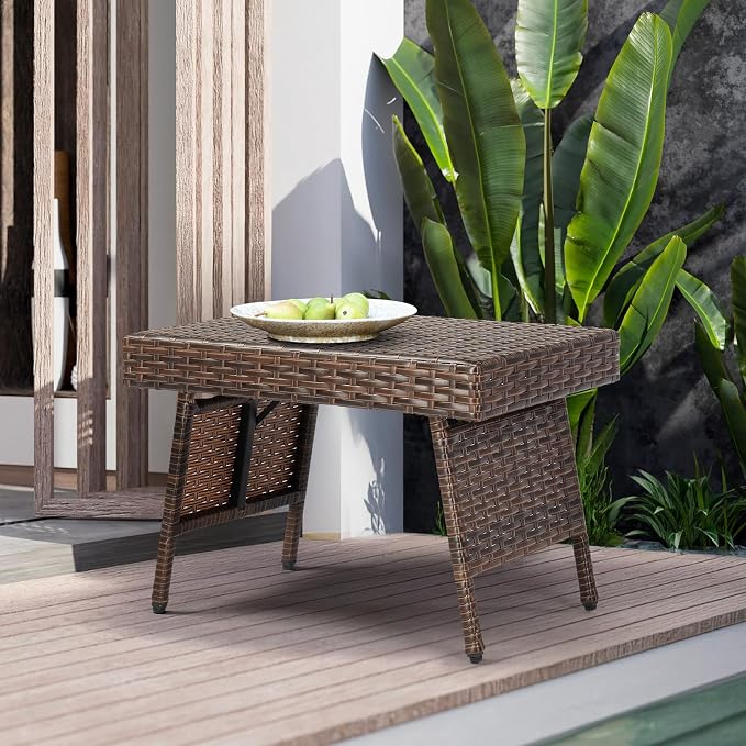 23.6" Rectangular Patio Side Table,Small Folding Wicker End Tables,All-Weather Rattan Coffee Table,Bistro Dining Tables,with Steel Frame,for Lawn Garden Backyard Deck Porch Poolside Balcony (Brown)