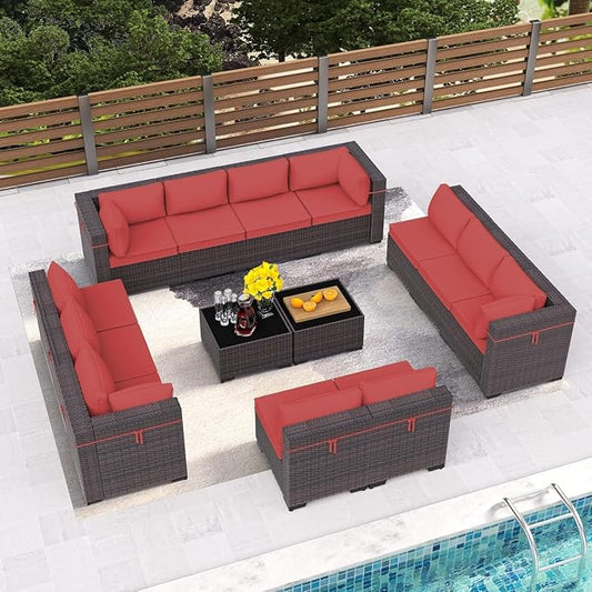 Outdoor Patio Furniture Set 14 Pieces with PE Wicker Sectional Sofa, Modular Conversation Seating, Coffee Table, Seat Clips, All Weather Outdoor Patio Sectional Set for Backyard, Deck, Garden(Red)
