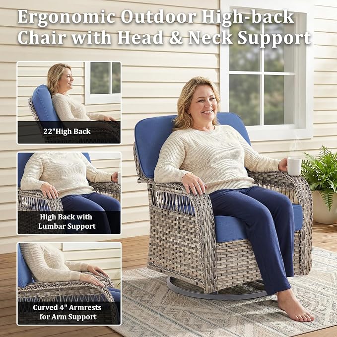 5 PCS Patio Furniture Set Outdoor Sectional Sofa Couch with Rocking Swivel Chairs 5" Deep Seat Chairs, Modern Wicker Rattan Conversation Set, Blue/Gray Wicker
