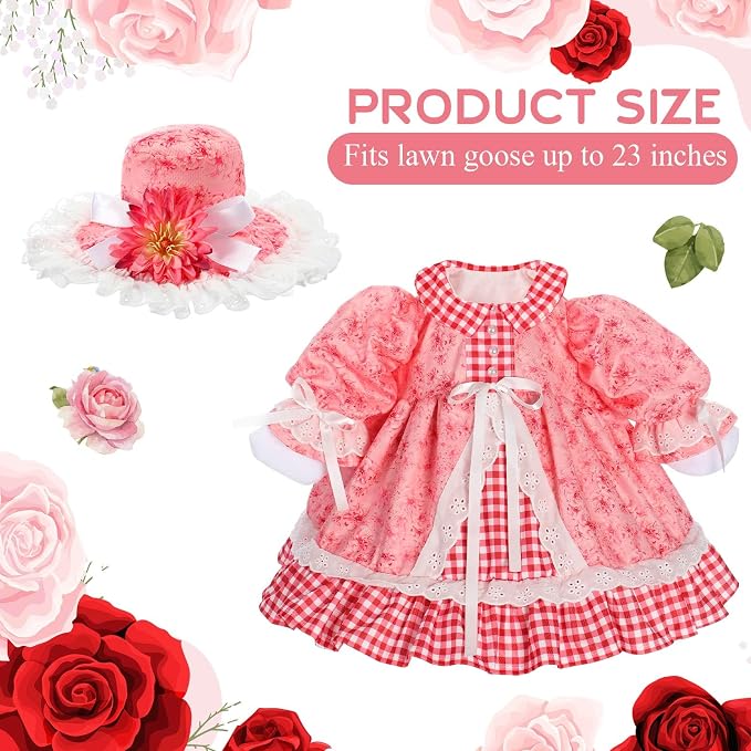 Spring Flower Goose Outfit Daisy Rose Floral Dress for 23'' Cement Plastic Goose Statue for Valentines Day Summer Outdoor Garden Yard Patio Lawn Decor(Pink Rose)