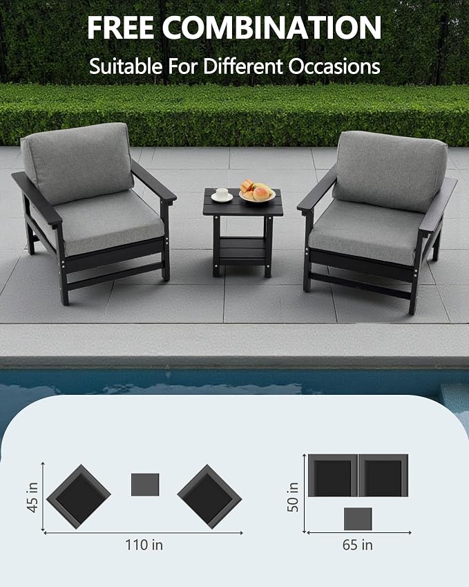 HDPE Outdoor Patio Chair Set with Cushions, 3-Piece Armchair Conversation Set with 2 Weatherproof Armchairs and Side Table, All-Weather Waterproof Deck Chairs for Garden, Porch, Balcony & Backyard