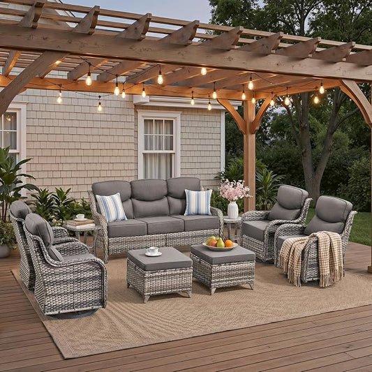 Luxury High Back Patio Furniture Set with 6-Inch Thick Cushions, 9-Pieces Outdoor Furniture with Swivel Chairs, Wicker Conversation Set for Porch, Balcony, Deck and Yard, Grey
