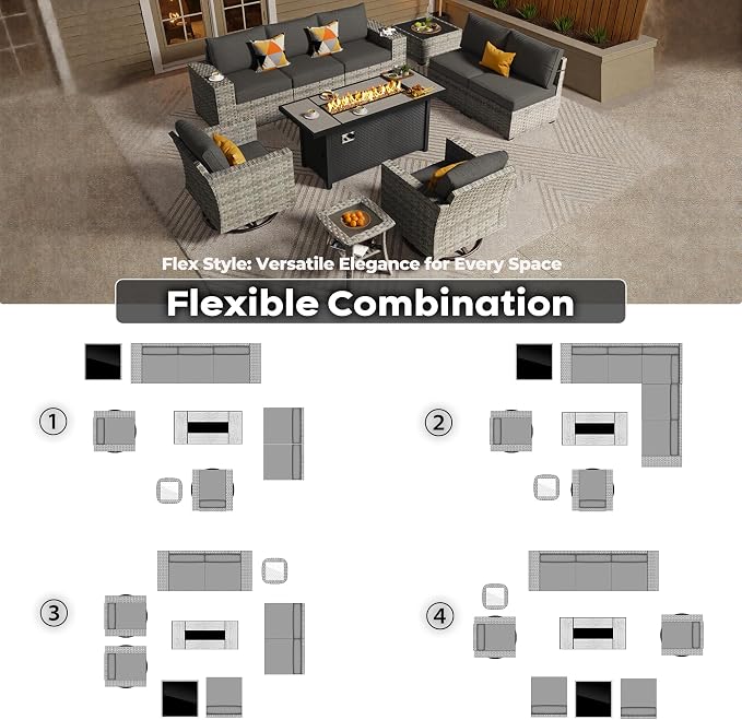 ovios 10 Pieces Patio Furniture Set, Outdoor Wicker Sectional Sofa with 54" Fire Pit Table Swivel Chairs, Modern Modular Deep Seat Rattan Couch Conversation Sets, Black
