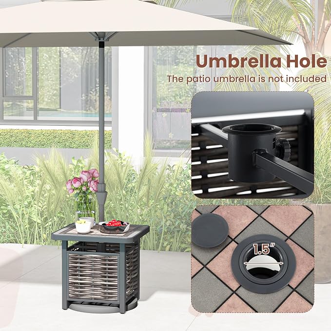 HAPPYGRILL Outdoor Wicker Side Table with Umbrella Hole, PE Rattan Square Coffee Table with Resin Top, Metal Frame, Small End Side Table for Garden, Yard, Poolside, Deck