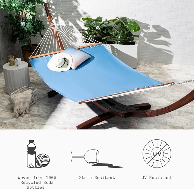 Fab Habitat Solid Recycled Polyester Hammock - Fargo - Blue - Indoor/Outdoor, Quick Dry, 2 Person 460 lbs Capacity - Patio, Poolside, Backyard, Garden, Beach, Balcony - 12-14 ft Adjustable