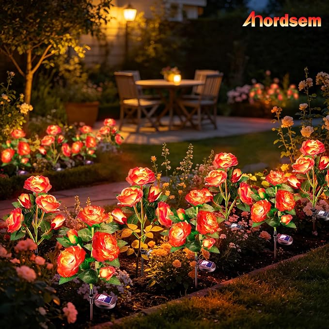 Anordsem Solar Garden Lights Outdoor: 10 Waterproof Fabric Roses 2 Pack - Red LED Flower Decorations for Yard Patio Path Cemetery Grave - Mother’s Day Gift for Her Women Mom Wife