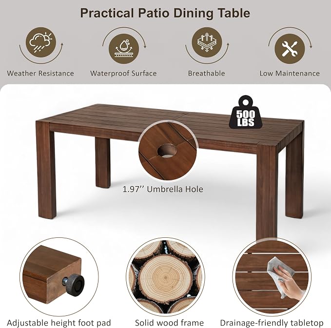 RUNNA Patio Dining Table Set for 6,Outdoor Furniture Sets with Umbrella Hole,71" Rectangular Table,Chairs and Bench with Removable Cushions for Backyard,Garden,Poolside (Beige+Mocha#28)