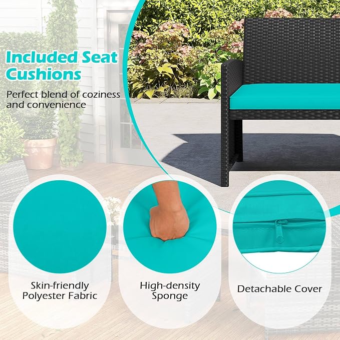 RELAX4LIFE 8-Piece Patio Furniture Set - Wicker Rattan Outdoor Sectional Sofa Set w/Glass Coffee Table, Loveseat, Chairs & Soft Cushions, Bistro Conversation for Garden Porch (2, Black-Turquoise)